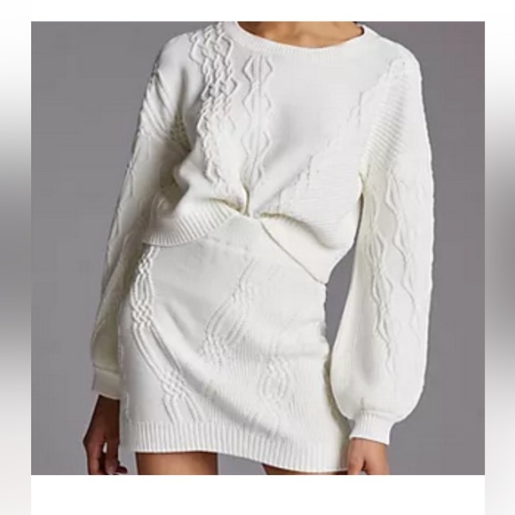 Maeve Anthropologie M Ivory 2 Piece Cable Knit Sweater Skirt Set - Picture 3 of 9